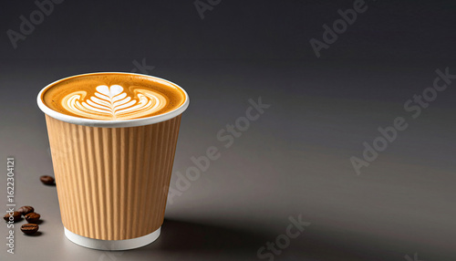 Morning takeaway latte coffee with foam art in a disposable paper cup