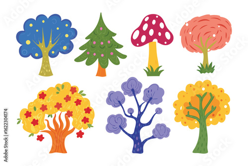 Whimsical Tree Collection: A vibrant collection of colorful and creatively designed trees, each with unique shapes and details, evoking a sense of playfulness and imagination. 