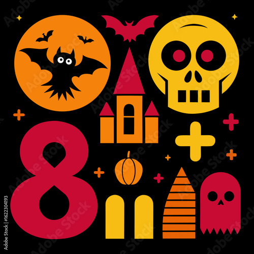 Vibrant halloween icons featuring bats skull and haunted house