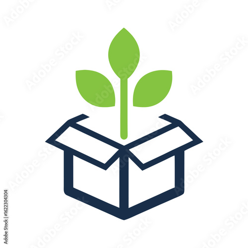 Green sprout growing from open dark blue cardboard box on white background plant growth