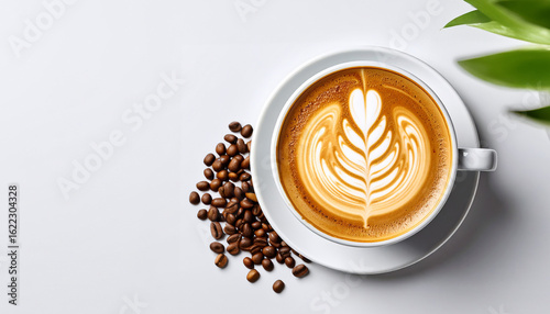 Morning cappuccino with beautiful rosetta latte art, top view with copy space