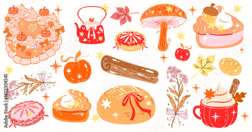 Hand drawn cute autumn vector set with pumpkins, cozy drinks, candles, leaves, books, and sweet girly elements perfect for fall planners, stickers, and seasonal design, fall in frame, aesthetic autumn