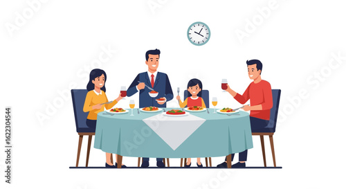 Animated family dinner illustration with parents child enjoying meal and social time portraying togetherness vector design featuring a cartoon table