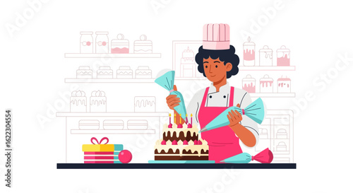 A skilled pastry chef expertly decorates a celebratory cake with precision and artistic flair in her well-equipped bakery workspace
