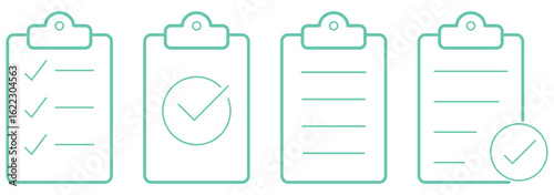Clipboard Editable Line Icons Set. Clipboard, checklist, report, survey or agreement editable stroke outline icons. Document icon vector. File icon illustration. Checklist clipboard icon. Simple check