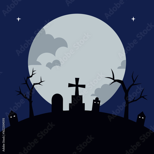 Spooky halloween cemetery scene under a full moon
