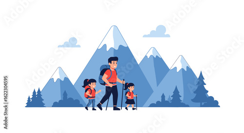 Father and Daughters Embark on a Hiking Adventure Through Majestic Snowy Mountains Landscape Together Enjoying Nature and Togetherness