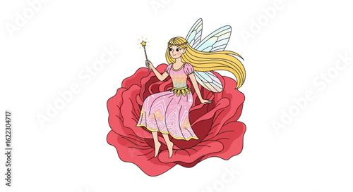 Enchanting fairy sits gracefully on a vibrant rose, casting a magical spell with her star-tipped wand in a dreamy illustration