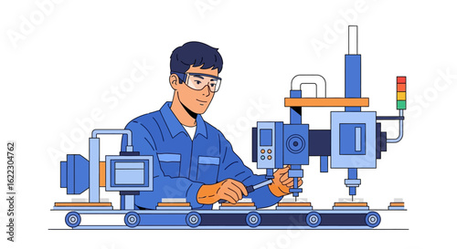 Skilled worker overseeing automated production line with robotic machinery and safety protocols ensuring precision and efficiency in manufacturing