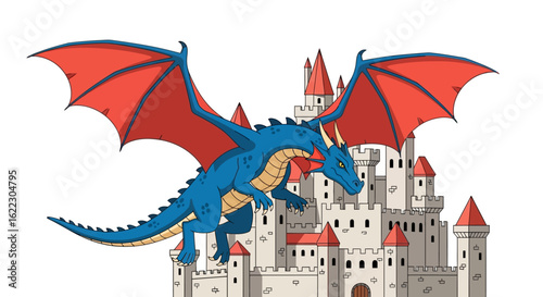 Illustration of a majestic blue dragon soaring over a whimsical castle with red rooftops against a clean white backdrop