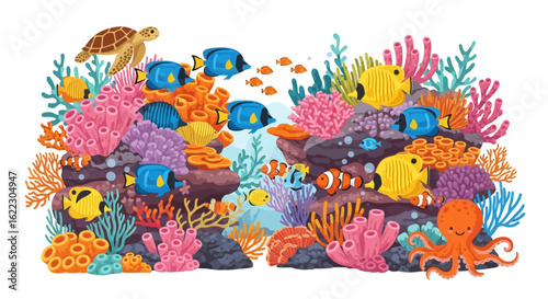 Vibrant Coral Reef Ecosystem Illustration Featuring Diverse Marine Life and Colorful Corals