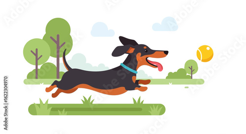 Animated dachshund gleefully chasing a vibrant yellow ball across a stylized park lawn landscape illustration scene