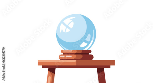 Isolated Cartoon Illustration of a Glowing Crystal Ball atop Wooden Table with Decorative Stand, on White Background, for Divination and Mystery
