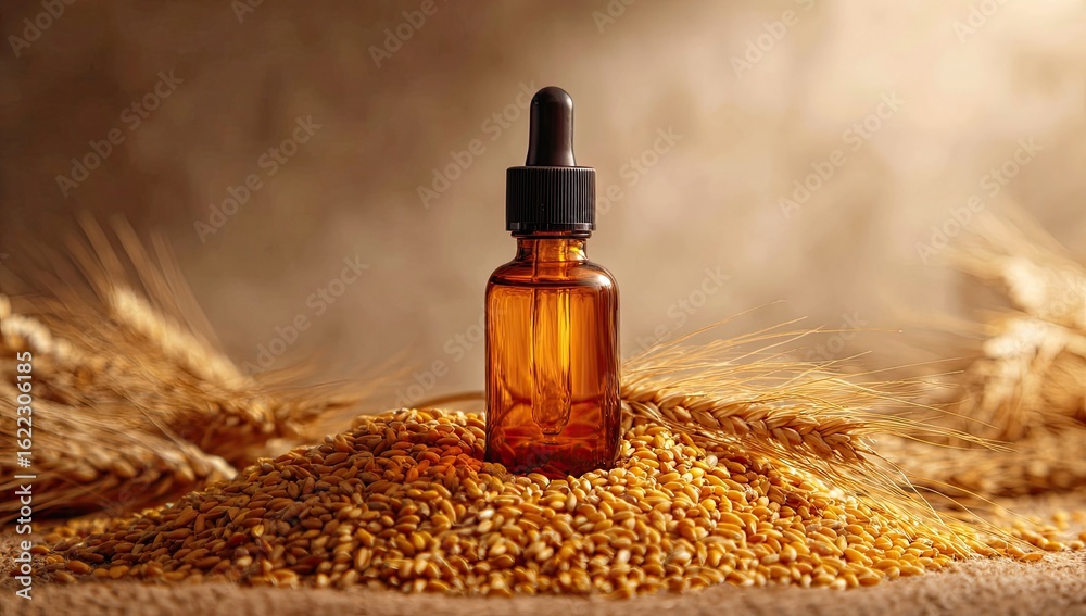 Fototapeta premium Amber dropper bottle of oil sits atop a pile of wheat kernels, surrounded by wheat stalks. Soft lighting and muted tones