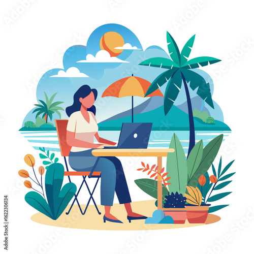 Confident woman boss working remotely on laptop at tropical location, businesswoman in casual wear, remote work, digital nomad