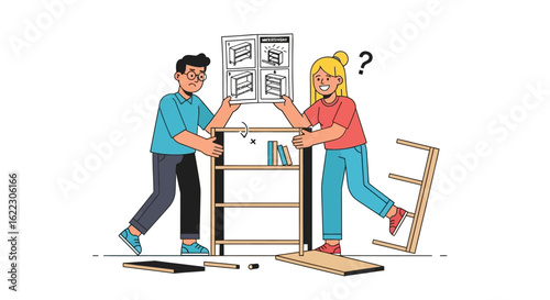 Illustration of a couple struggling with assembling furniture with instruction manual at home