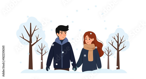 Romantic stroll in winter: Illustration of a happy couple walking amidst snowfall and bare trees portraying intimacy and festive romance with