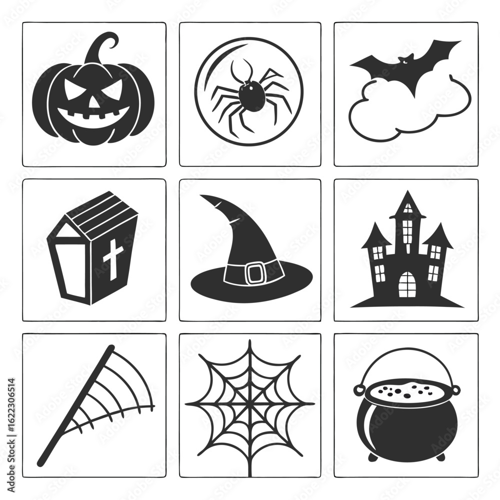 Obraz premium Illustration Vector Icon Set with Pumpkin Spider Bat Coffin Witch Hat and Halloween Theme Elements in Simple Style