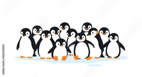Charming Collection of Animated Penguins: A Cheerful Gathering on a Snowy Patch Illustration
