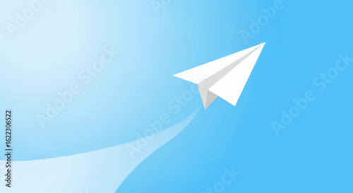 Ascending paper airplane with a vapor trail against a gradient blue backdrop