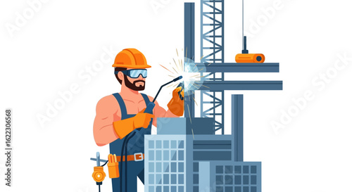 Craftsman welds metal constructions with sparks at a construction site or factory for industrial projects showcasing expertise and safety measures