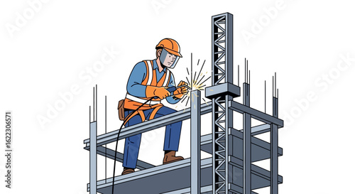 Illustrated scene depicting a construction worker welding a steel structure on a high building project site construction