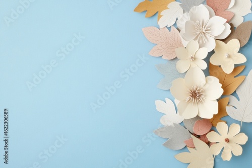 Floral Symphony: A delicate arrangement of handcrafted paper flowers and leaves in soft pastel hues graces the edge of a smooth, light blue backdrop, creating a scene of subtle beauty.