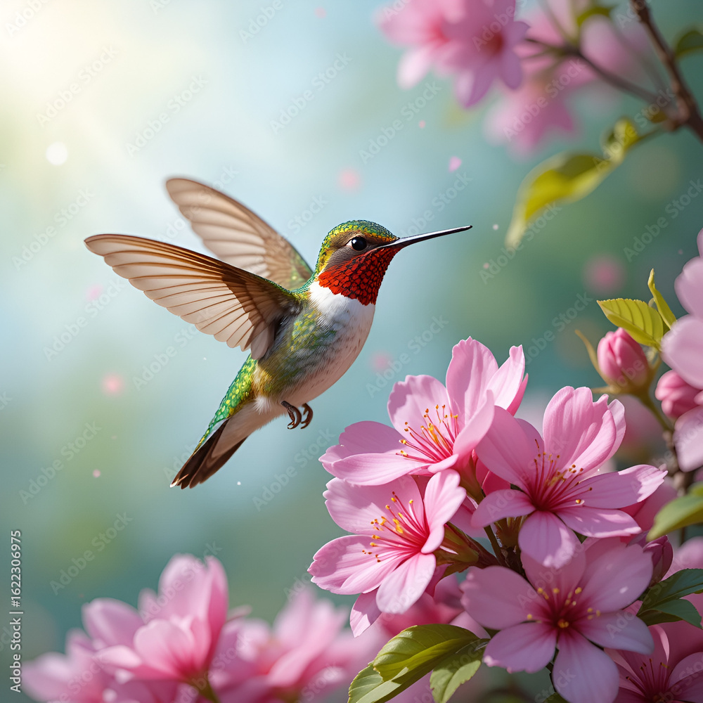Fototapeta premium hummingbird, bird, flying, flower, nature, green, 