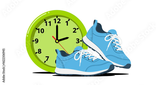 Time for Fitness: Running Shoes with Clock Illustrating Punctuality and Preparedness for Physical Activity and Healthy Lifestyle Regimen