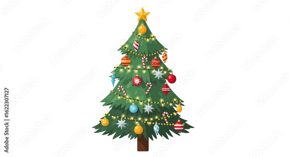 Obraz premium Festive spruce illustration adorned with colorful ornaments and twinkle lights offering a cheerful seasonal ambiance