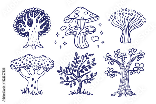 Whimsical Forest Elements: A collection of hand-drawn illustrations featuring fantastical trees and magical mushrooms, perfect for adding a touch of enchantment to any project.