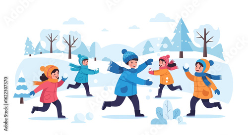 Delightful winter scene depicting children joyfully engaging in a spirited snowball fight, amidst snowy landscape and playful illustration style