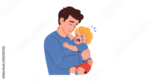 Father's Soothing Embrace: Comforting a Crying Child with Love and Gentle Care Depiction 150 characters