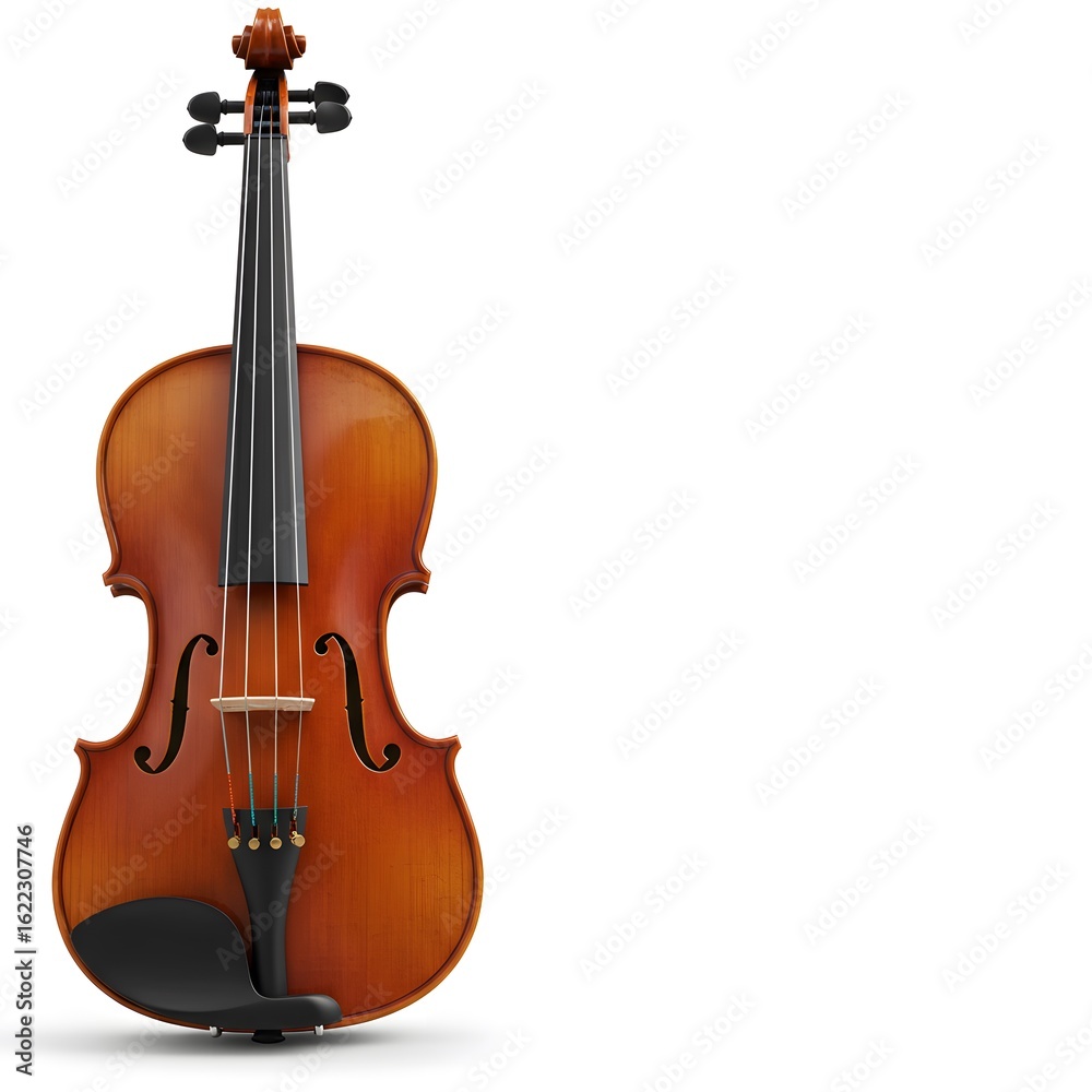 Fototapeta premium A classic violin standing on its end, showcasing its elegant curves, f-holes, and rich wooden finish.