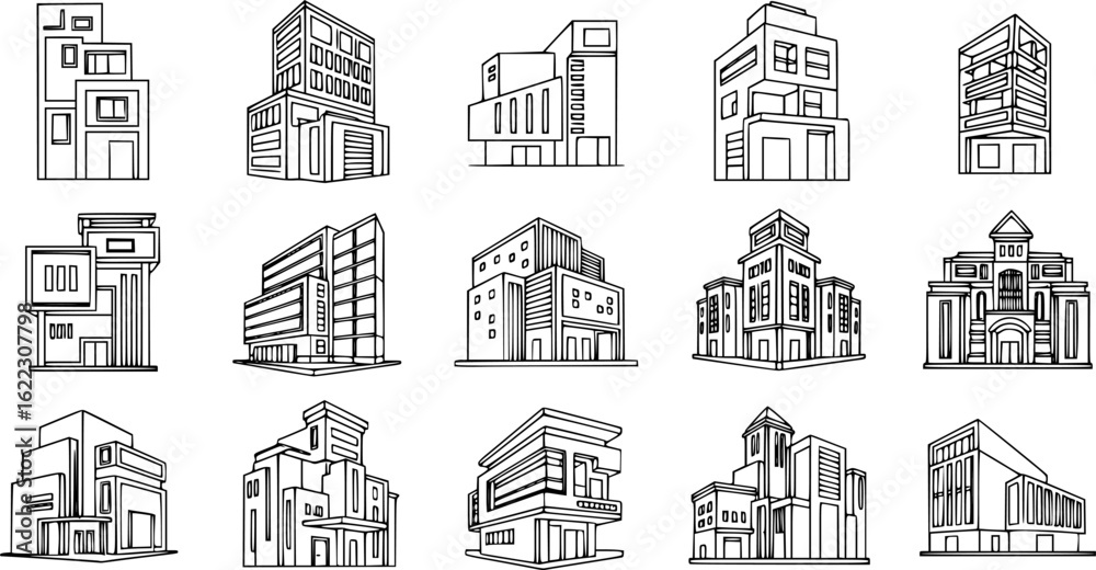 Naklejka premium A set of architectural line drawings depicting various building designs, showcasing different styles and structures
