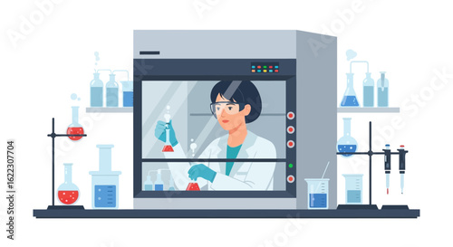 Illustration of a scientist conducting research in a chemical laboratory with complex equipment and various test tubes and beakers displayed on