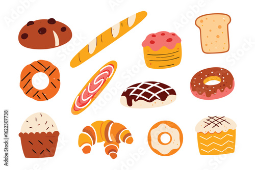 Assortment of Baked Goods: A delightful array of fresh, inviting baked goods. The vibrant collection features a variety of mouthwatering pastries, each promising a taste of artisanal indulgence.