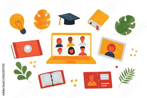 Online Learning: A vibrant illustration showcases an engaging online learning environment, symbolizing education, technology, and connection with the help of Laptop, Books, leaf.