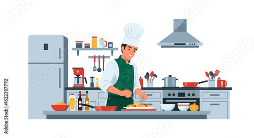 Illustration of a chef preparing food in a modern kitchen environment with various cooking tools and appliances beautifully displayed