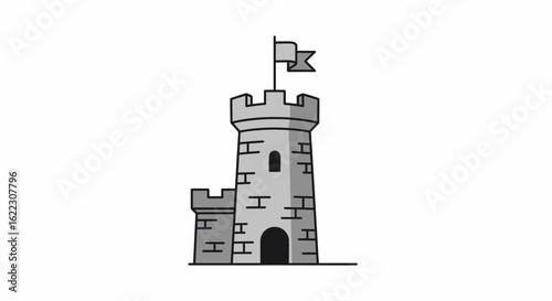 Grey Stone Castle Tower with Flag and Small Bastion