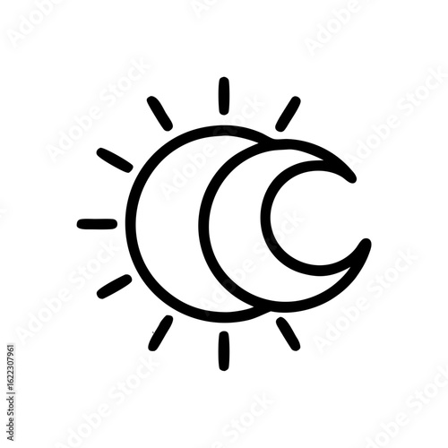 Half sun half moon simple line drawing on transparent background, day of the autumnal equinox