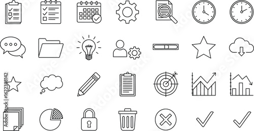 Collection of business icons, representing various concepts such as planning, time management, communication, and data analysis for web design projects