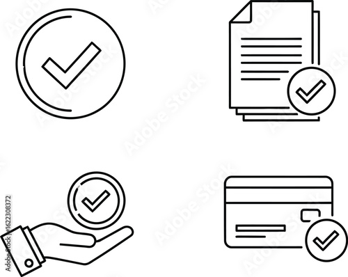 Set of check mark icons contains icons such as check mark, document file, hand and credit card
