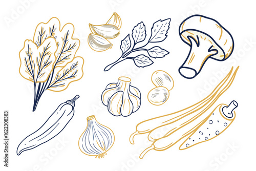 Culinary Treasures: A delightful illustration of various fresh ingredients, meticulously drawn in elegant linework, perfect for culinary or food-related projects.