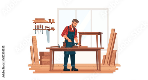 Dedicated craftsman working on woodworking project inside workshop filled with tools and lumber displaying meticulous craftsmanship