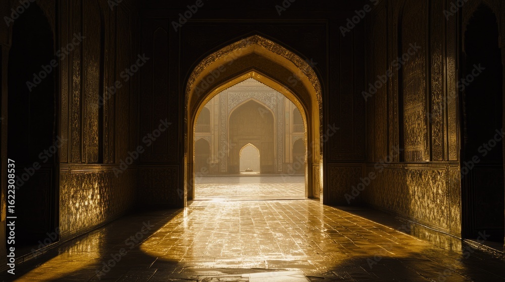 Fototapeta premium Golden sunbeams in a mosque's archway