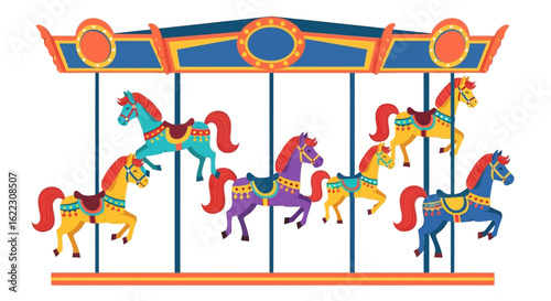 Colorful Carousel Horses Illustration for Childhood Dreams and Nostalgic Funfair Rides