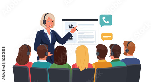Interactive training session showcasing a leader demonstrating customer service strategies and communication techniques with digital tools in a