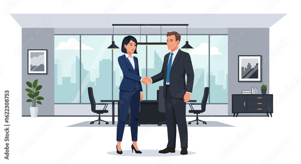 Business Professionals Shaking Hands in a Modern Office Setting with Skyline View, Illustrative Design Business Professionals Shaking Hands in a Modern Office Setting with Skyline View, Illustrative Design