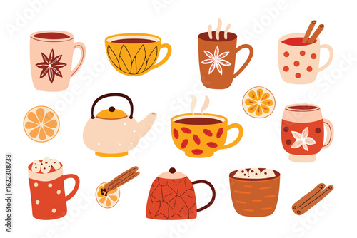 Cozy Drink Collection: A delightful arrangement showcases a variety of warm and inviting drinks, ideal for comfort and enjoyment. The collection of mugs and teacups.